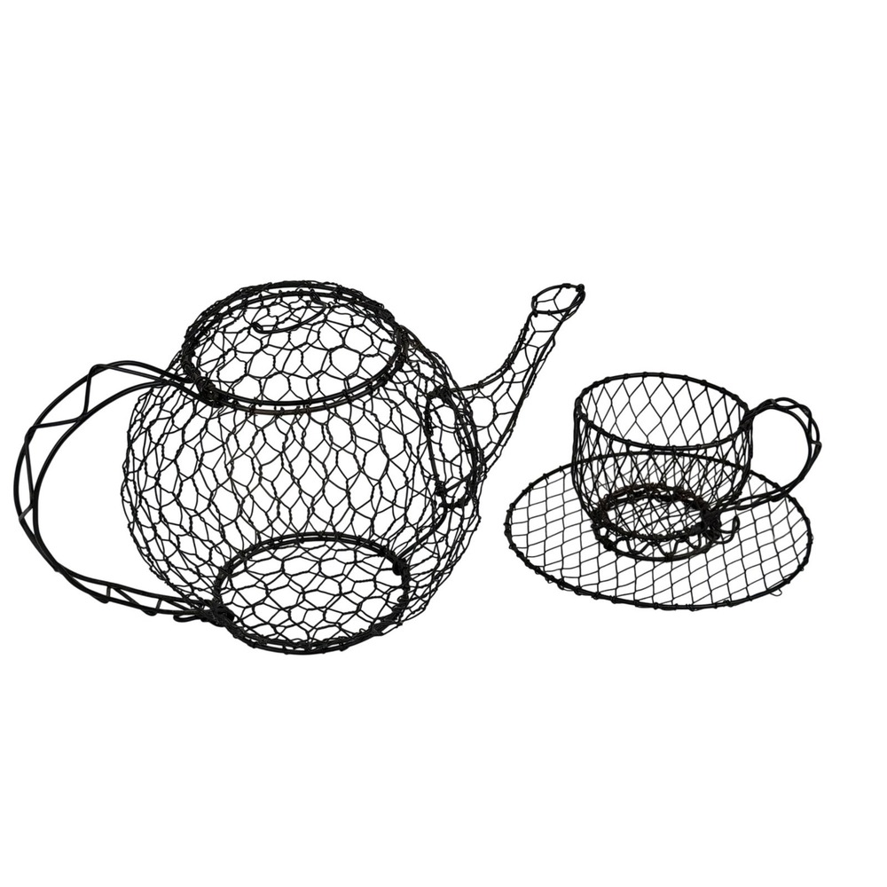 Chicken Wire Teapot Teacup Saucer Set Rustic Farmhouse Metal Decor